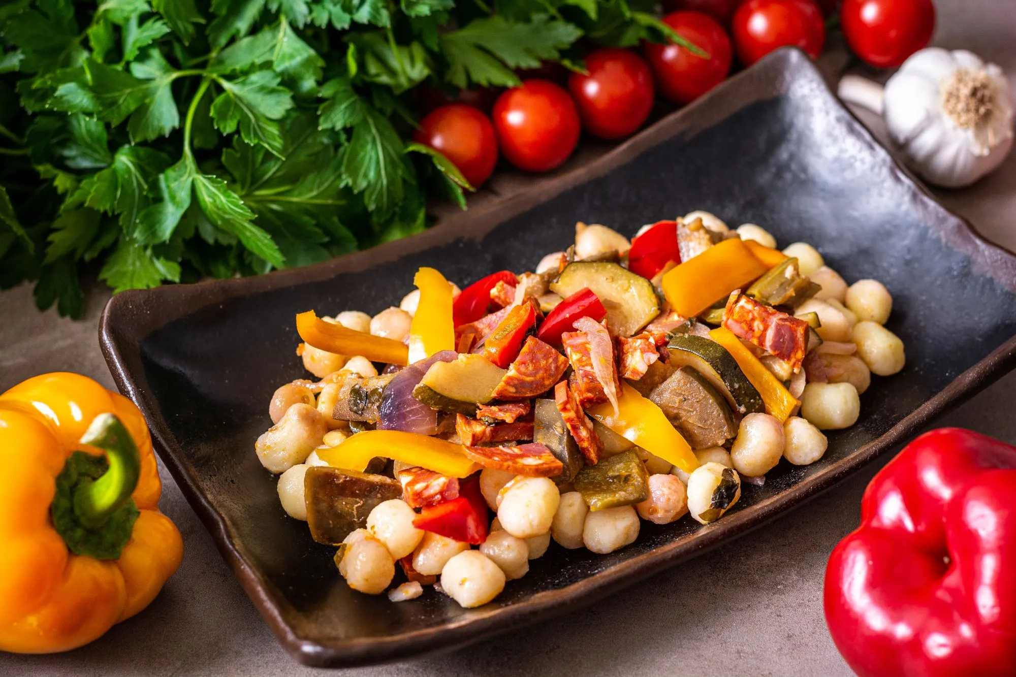 Gnocchi with Mediterranean vegetables and chorizo