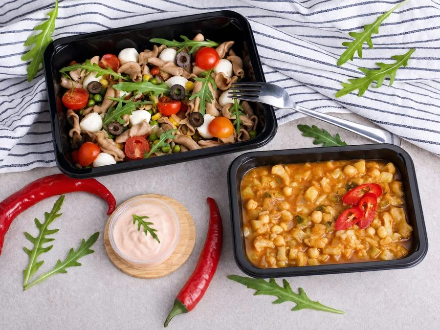 Celozrnné cestoviny s mozzarellou a vege curry polievka v krabičkách